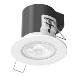 Emco 5w Recessed Fixed Downlight. IP65 4000k 500 Lumens 40 Degree Beam Angle. Comes With Fire Hood & White Bezel