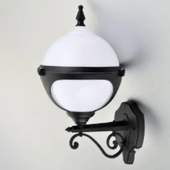 Mystic - Outdoor Globe Wall Light - 240v White Polycarbonate & Aluminium Traditional Style With Photocell