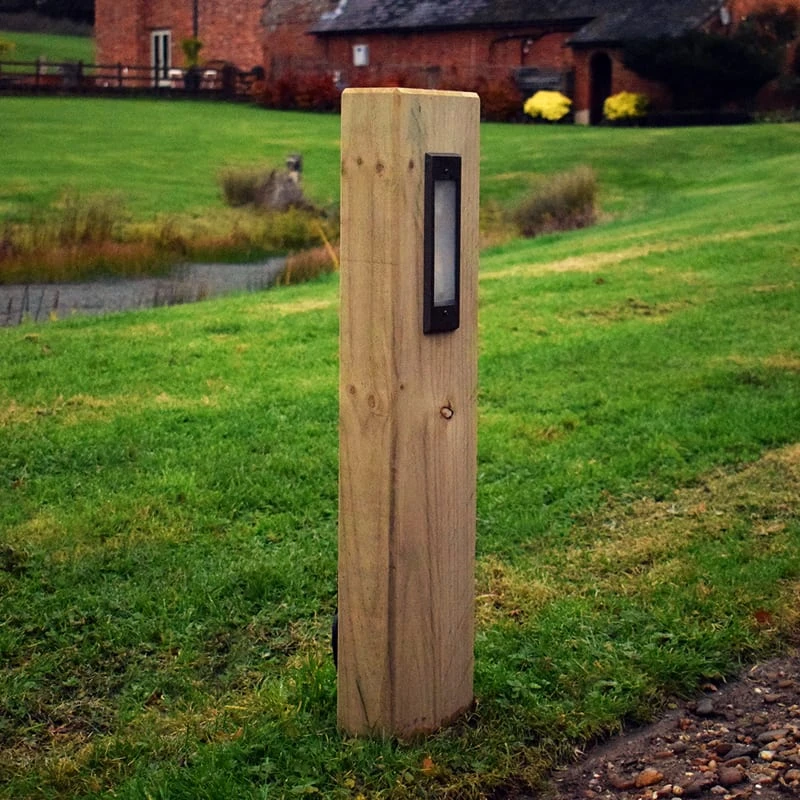 Radiata - Timber Pine Sleeper Bollard With Frosted Brass LED Light IP65 240v - 600mm Or 900mm