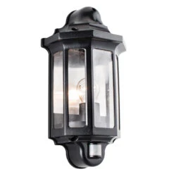 Traditional PIR Sensor - Outdoor Half Lantern Wall Light - 240v - Satin Black Polycarbonate E27 IP44