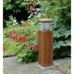 Cirrus 45 - Natural Teak Flat Louvred Bollard IP44 E27 Candle 240v 450mm Height - Surface Or Spike Mounted