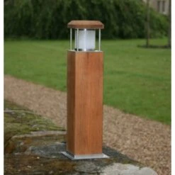 Cirrus 45 - Natural Teak Square Bollard IP44 E27 Candle 240v 450mm Height - Surface Or Spike Mounted